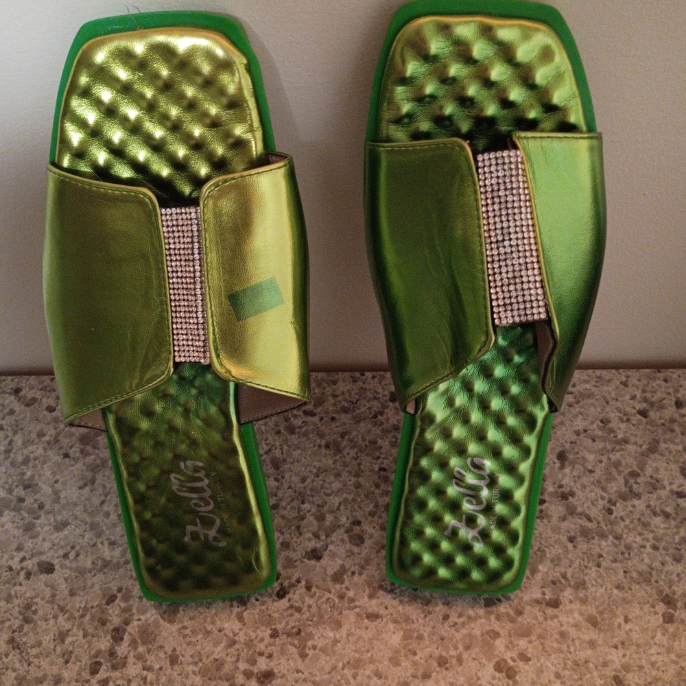 Zella Metallic Lime Green Slide Sandals with Rhinestone Accent